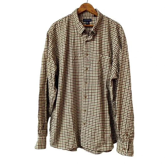 Lands’ End men’s plaid flannel button down shirt in brown, tan, green and white - Picture 1 of 12